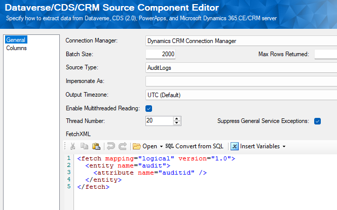 Audit Logs Source component showing the fetchXML query